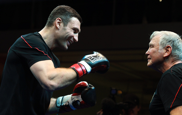 Vitali Klitschko works with his trainer and mentor Fritz Sdunek. Photo by Alexander Hassenstein / Bongarts